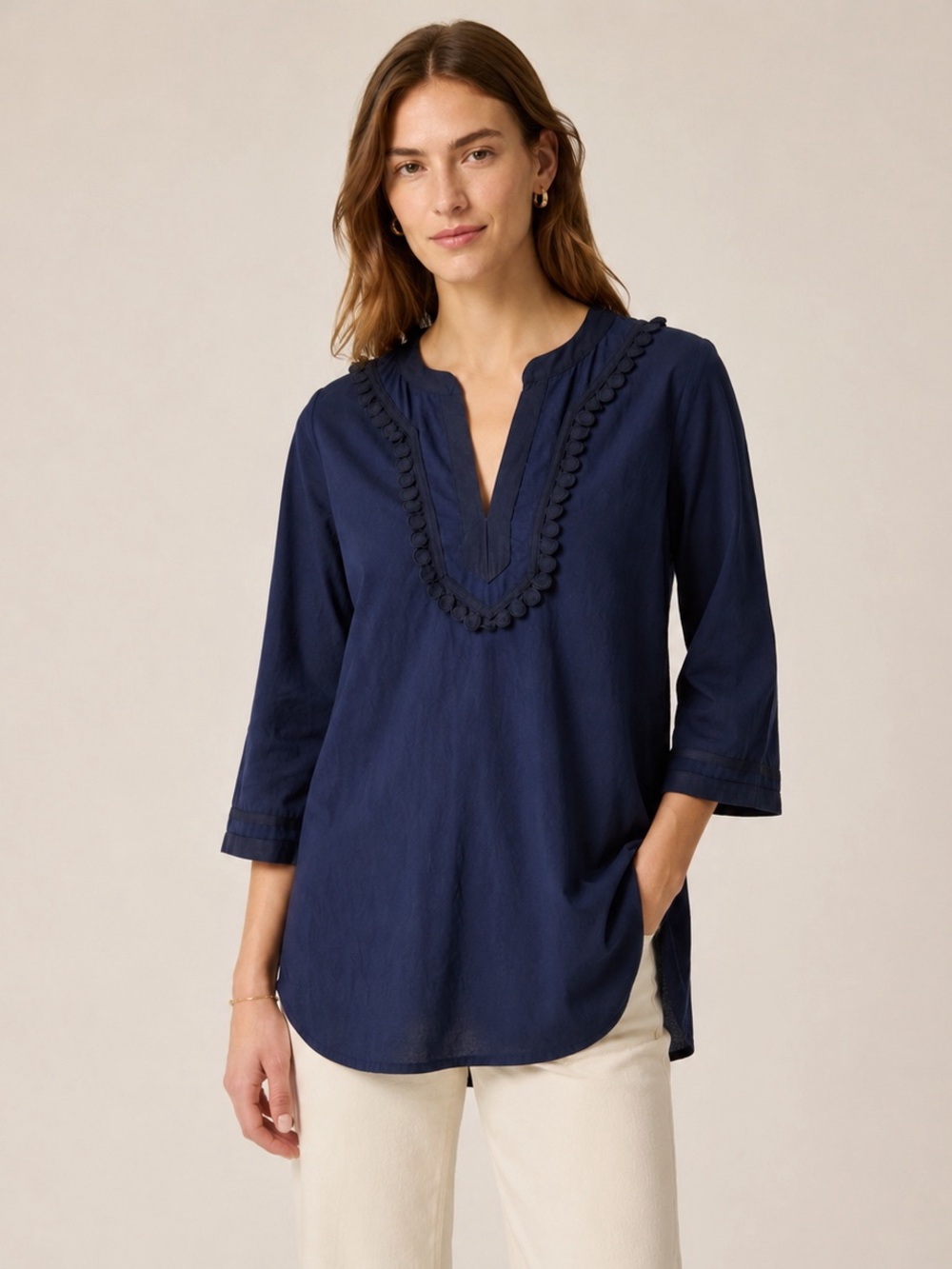 J. Crew Woman Navy Cotton Relax V-Neck Tunic Top MEDIUM Preppy Resortwear Boho
